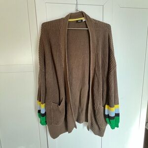 Brown Knit Cardigan with Colorful Sleeves